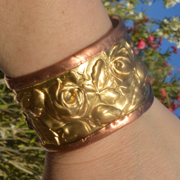 Conceptual Subculture Jewelry - Rose Brass Copper Cuff Bracelet Wide Bohemian OOAK